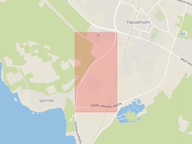 Karta som med röd fyrkant ramar in Hovdalavägen, Hässleholm, Skåne län