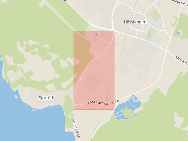Karta som med röd fyrkant ramar in Hovdalavägen, Hässleholm, Skåne län