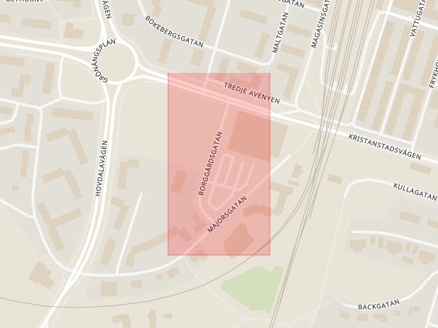 Karta som med röd fyrkant ramar in Borggårdsgatan, Kristianstadvägen, Hässleholm, Skåne län