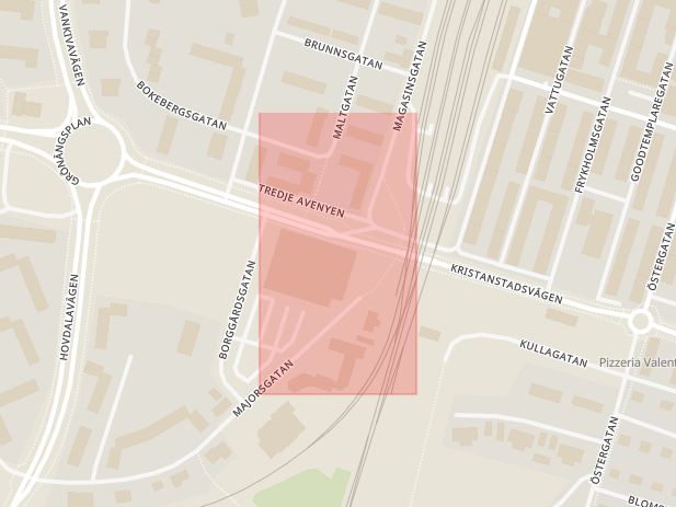 Karta som med röd fyrkant ramar in Borggårdsgatan, Kristianstadsvägen, Hässleholm, Skåne län