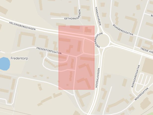 Karta som med röd fyrkant ramar in Fredentorp, Västerbogatan, Hässleholm, Skåne län