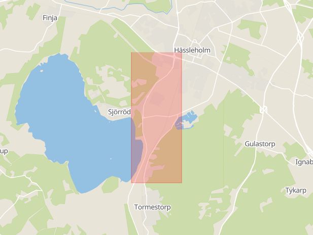 Karta som med röd fyrkant ramar in Kristianstad, Hovdalavägen, Tormestorp, Hässleholm, Skåne län