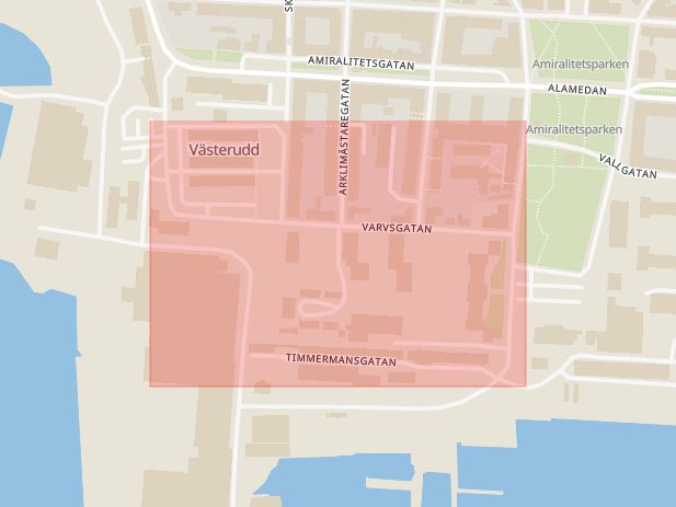 Karta som med röd fyrkant ramar in Varvsgatan, Karlskrona, Blekinge län