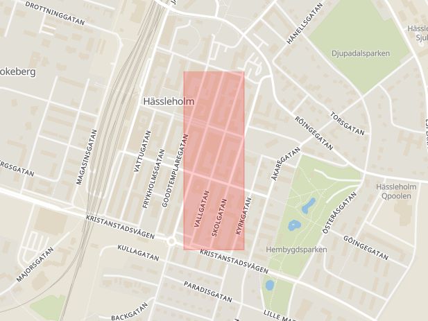 Karta som med röd fyrkant ramar in Vallgatan, Hässleholm, Skåne län