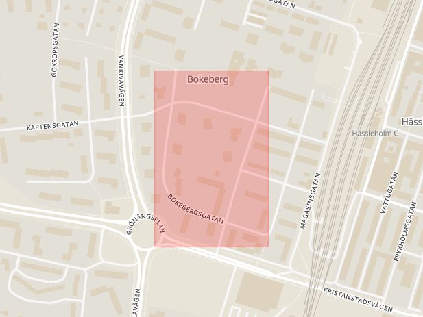 Karta som med röd fyrkant ramar in Bökebergsgatan, Bokebergsgatan, Hässleholm, Skåne län