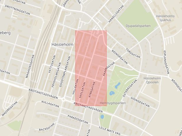 Karta som med röd fyrkant ramar in Skolgatan, Hässleholm, Skåne län
