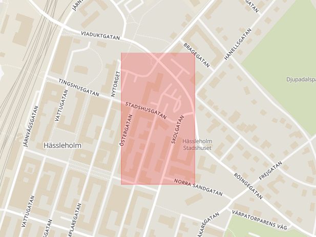 Karta som med röd fyrkant ramar in Stadshusgatan, Hässleholm, Skåne län