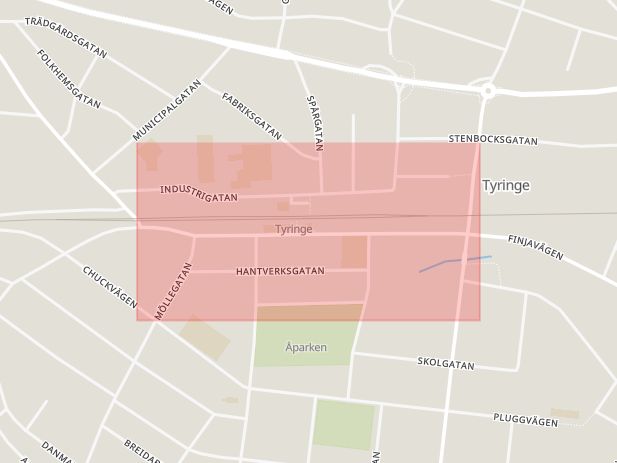 Karta som med röd fyrkant ramar in Järnvägsgatan, Tyringe, Hässleholm, Skåne län