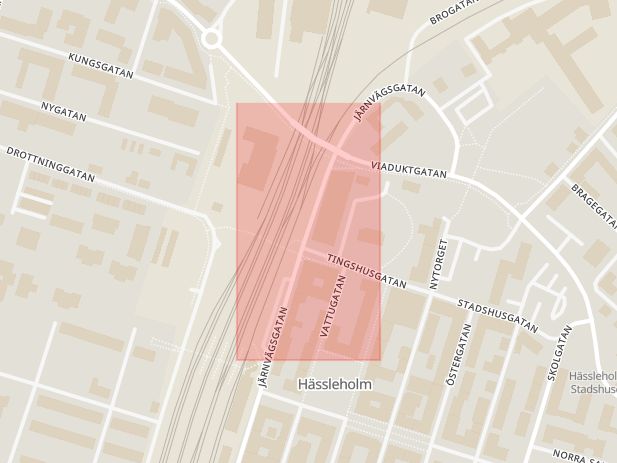 Karta som med röd fyrkant ramar in Järnvägsgatan, Götagatan, Hässleholm, Skåne län