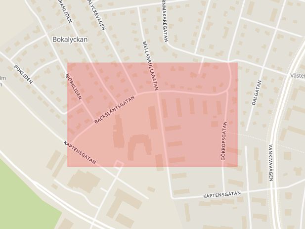Karta som med röd fyrkant ramar in Backsläntsgatan, Hässleholm, Skåne län