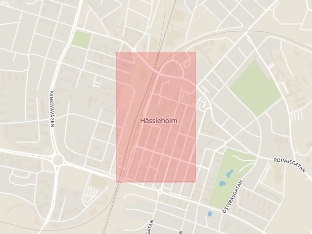 Karta som med röd fyrkant ramar in Järnvägsgatan, Hässleholm, Skåne län
