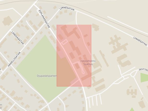 Karta som med röd fyrkant ramar in Esplanadgatan, Stobygatan, Hässleholm, Skåne län