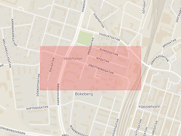Karta som med röd fyrkant ramar in Drottninggatan, Hässleholm, Skåne län