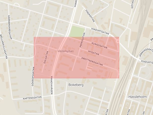 Karta som med röd fyrkant ramar in Drottninggatan, Hässleholm, Skåne län