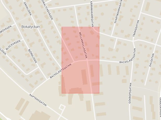 Karta som med röd fyrkant ramar in Bokalyckan, Kaptensgatan, Hässleholm, Skåne län