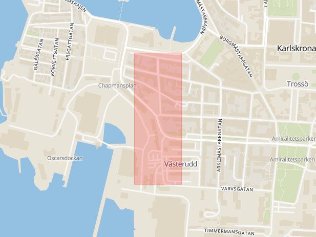 Karta som med röd fyrkant ramar in Styrmansgatan, Trossö, Styrmansvägen, Karlskrona, Blekinge län