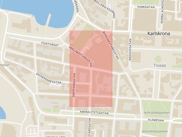 Karta som med röd fyrkant ramar in Arklimästaregatan, Hantverkaregatan, Karlskrona, Blekinge län