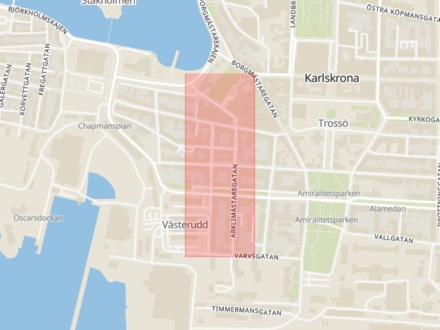 Karta som med röd fyrkant ramar in Trossö, Arklimästaregatan, Karlskrona, Blekinge län