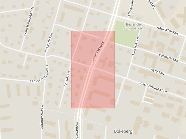 Karta som med röd fyrkant ramar in Vankivavägen, Drottninggatan, Hässleholm, Skåne län