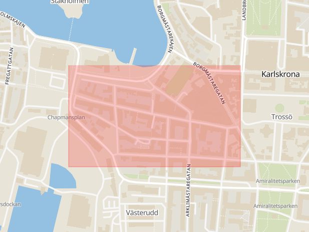 Karta som med röd fyrkant ramar in Trossö, Hantverkaregatan, Karlskrona, Blekinge län