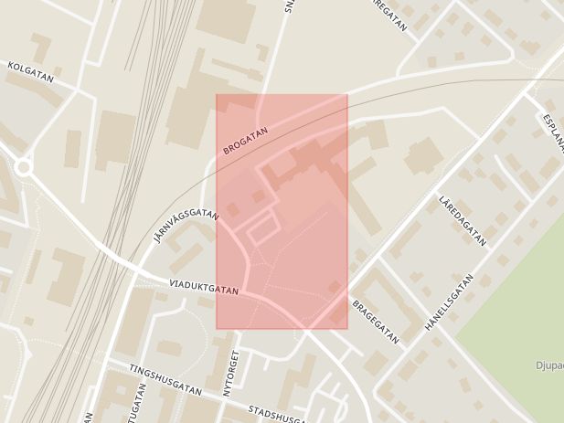 Karta som med röd fyrkant ramar in Rundelsgatan, Hässleholm, Skåne län