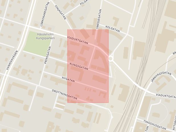 Karta som med röd fyrkant ramar in Verkstadsgatan, Hässleholm, Skåne län