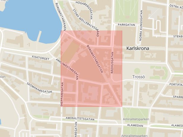 Karta som med röd fyrkant ramar in Borgmästaregatan, Karlskrona, Blekinge län