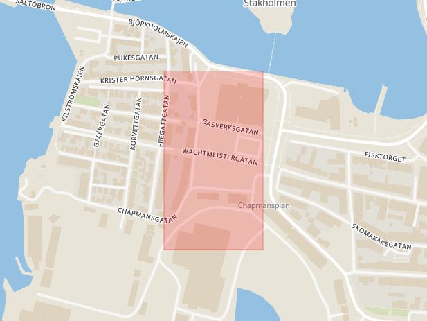 Karta som med röd fyrkant ramar in Björkholmen, Chapmansplan, Karlskrona, Blekinge län