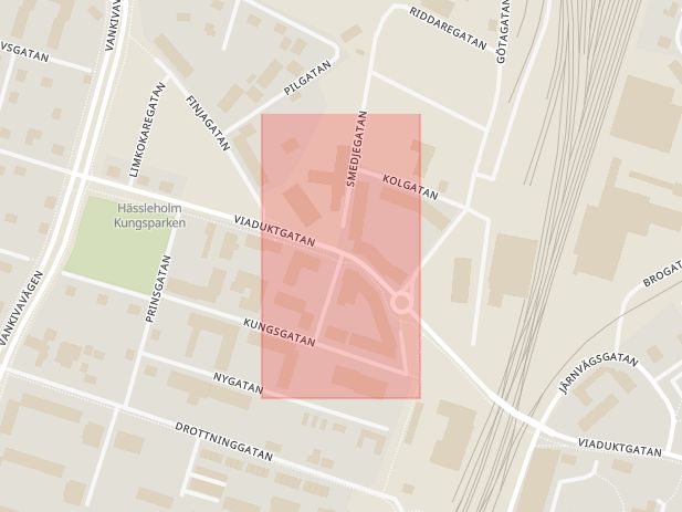 Karta som med röd fyrkant ramar in Verkstadsgatan, Viaduktgatan, Kungsgatan, Götgatan, Finjagatan, Hässleholm, Skåne län