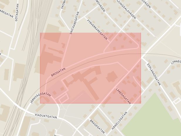Karta som med röd fyrkant ramar in Brogatan, Hässleholm, Skåne län