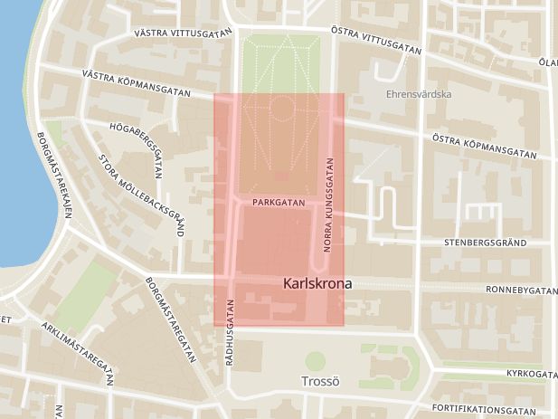 Karta som med röd fyrkant ramar in Parkgatan, Karlskrona, Blekinge län