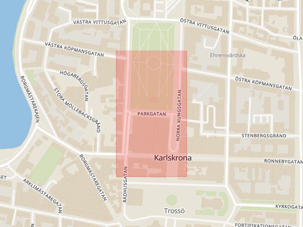 Karta som med röd fyrkant ramar in Trossö, Parkgatan, Karlskrona, Blekinge län