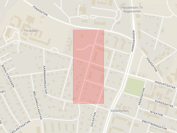 Karta som med röd fyrkant ramar in Tränggatan, Hässleholm, Skåne län