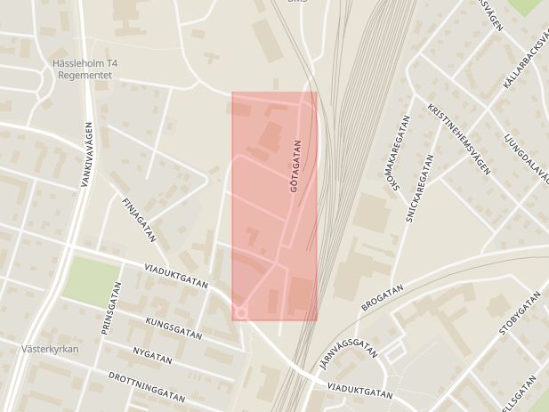 Karta som med röd fyrkant ramar in Götagatan, Hässleholm, Skåne län