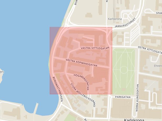 Karta som med röd fyrkant ramar in Trossö, Västra Köpmansgatan, Karlskrona, Blekinge län