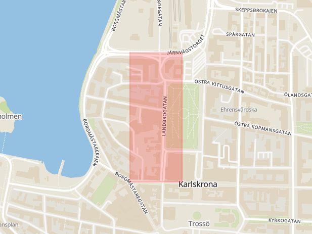 Karta som med röd fyrkant ramar in Landbrogatan, Karlskrona, Blekinge län