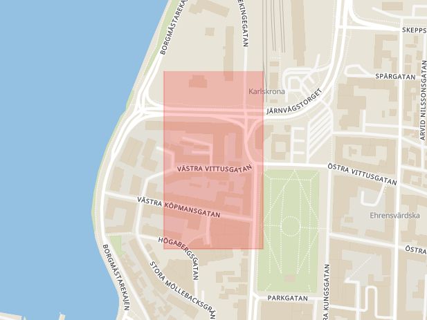 Karta som med röd fyrkant ramar in Landbrogatan, Västra Vittusgatan, Karlskrona, Blekinge län