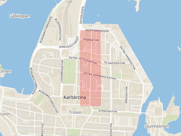Karta som med röd fyrkant ramar in Norra Smedjegatan, Karlskrona, Blekinge län