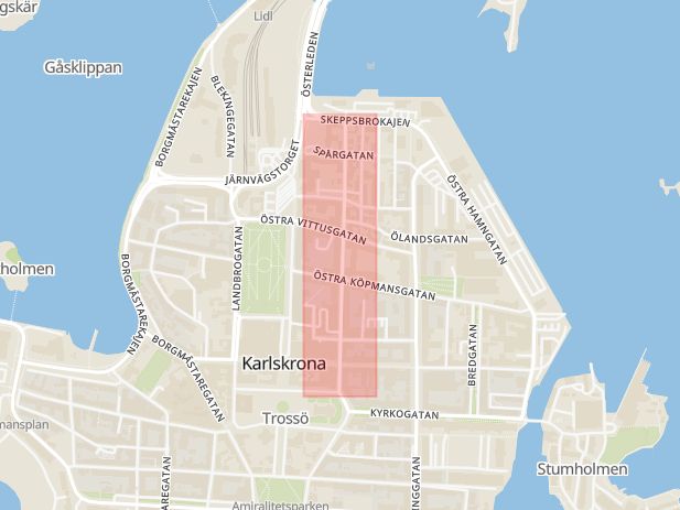 Karta som med röd fyrkant ramar in Trossö, Norra Smedjegatan, Karlskrona, Blekinge län