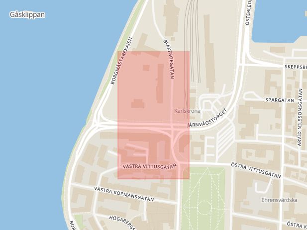 Karta som med röd fyrkant ramar in Järnvägstorget, Österleden, Karlskrona