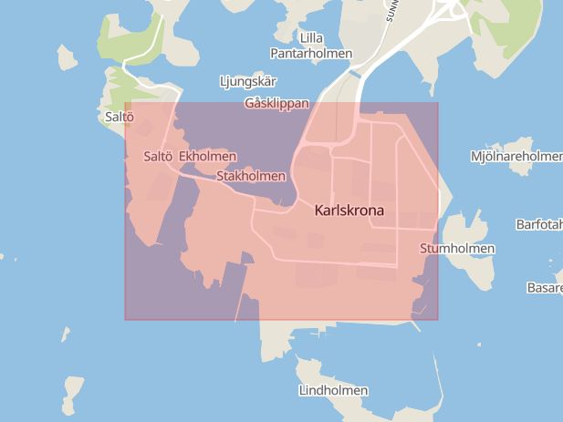Karta som med röd fyrkant ramar in Fisktorget, Karlskrona, Blekinge län