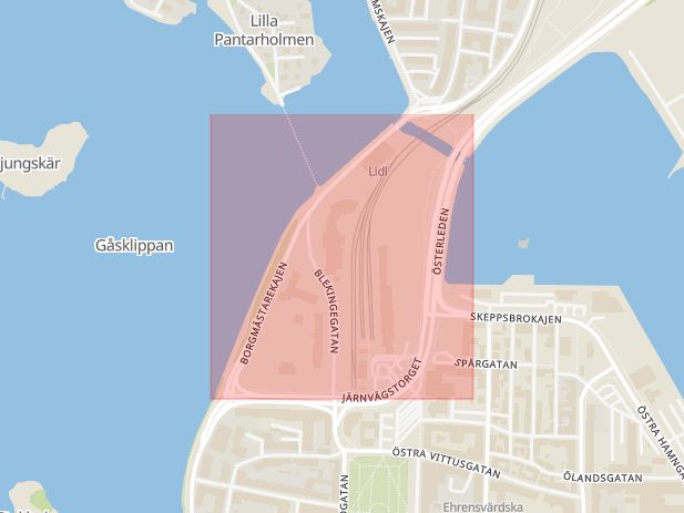 Karta som med röd fyrkant ramar in Pottholmen, Karlskrona, Blekinge län