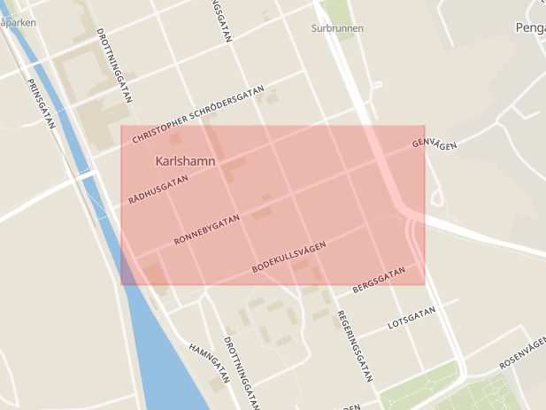 Karta som med röd fyrkant ramar in Ronnebygatan, Karlshamn, Blekinge län