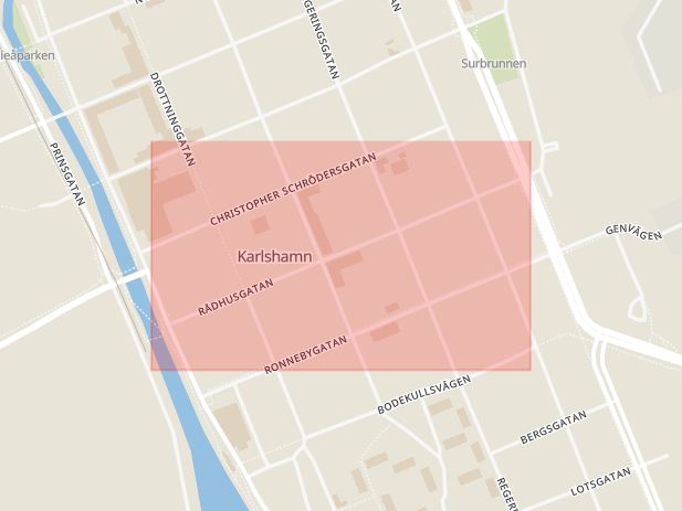 Karta som med röd fyrkant ramar in Rådhusgatan, Karlshamn, Blekinge län