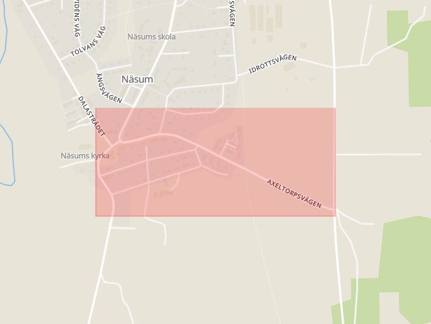 Karta som med röd fyrkant ramar in Näsum, Axeltorpsvägen, Bromölla, Skåne län