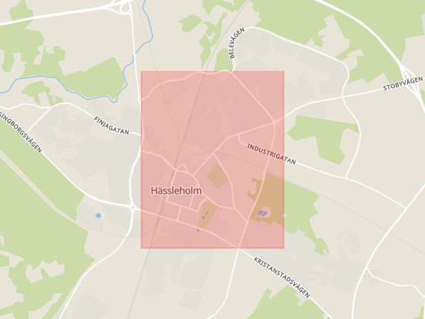 Karta som med röd fyrkant ramar in Norra Kringelvägen, Hässleholm, Skåne län