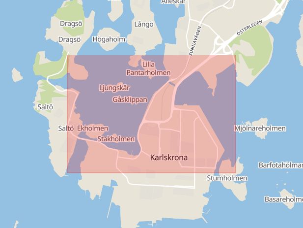Karta som med röd fyrkant ramar in Långö, Karlskrona, Blekinge län