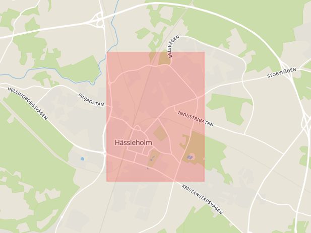Karta som med röd fyrkant ramar in Norra Kringelvägen, Hässleholm, Skåne län