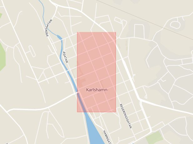 Karta som med röd fyrkant ramar in Kungsgatan, Karlshamn, Blekinge län