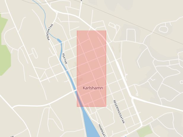 Karta som med röd fyrkant ramar in Kungsgatan, Karlshamn, Blekinge län